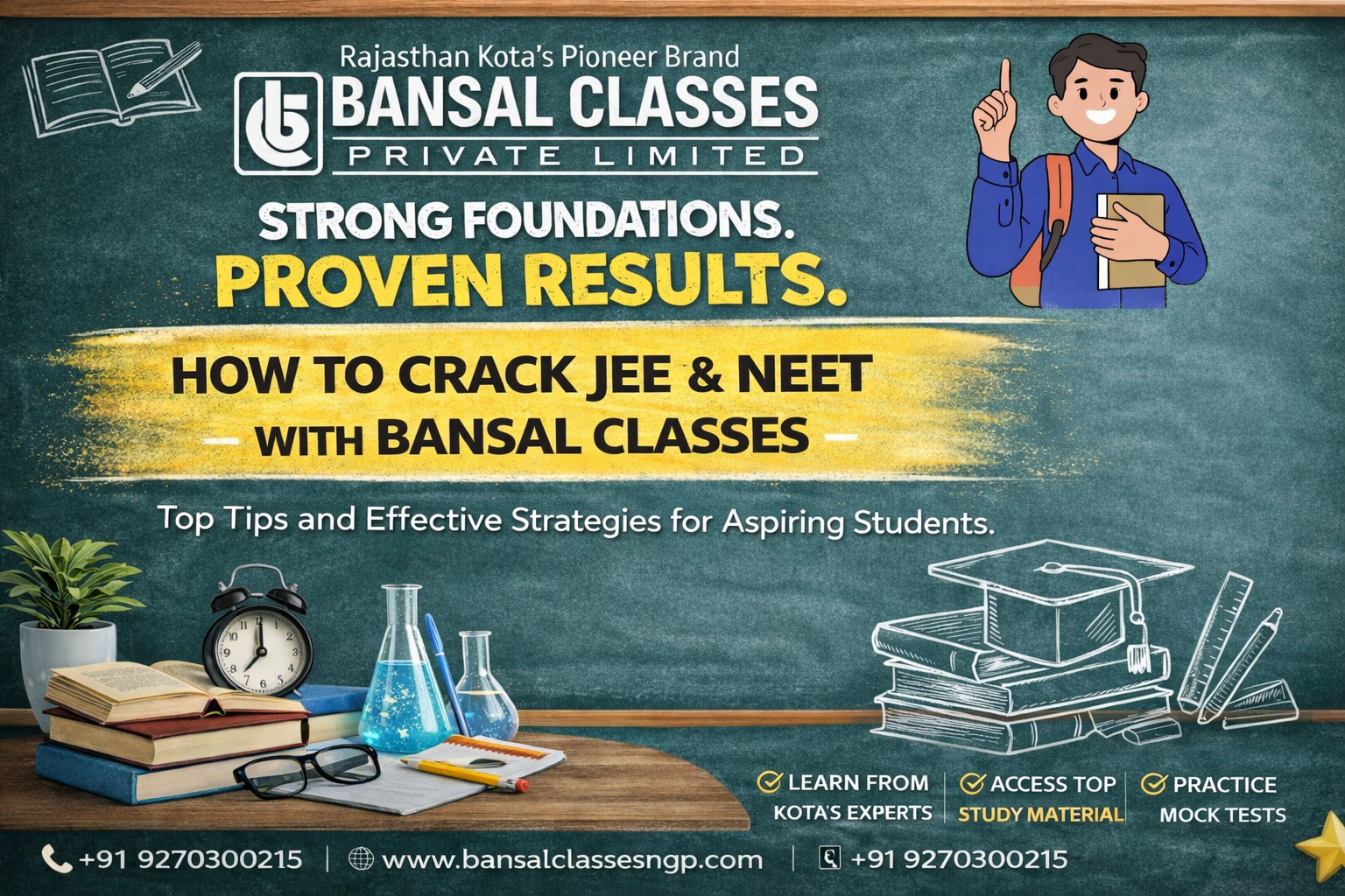 Bansal Classes NEET & JEE coaching banner with students in blue polos and contact details.