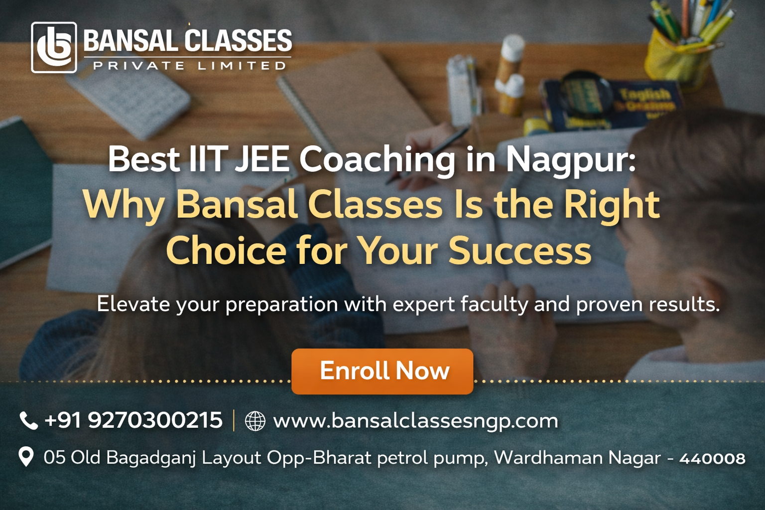 Bansal Classes NEET & JEE coaching banner with students in blue polos and contact details.